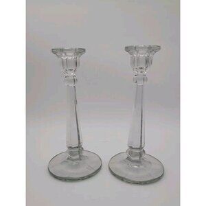 Vintage Cut Crystal and Etched Base Heisey Candlesticks 10 Inch With Diamond H
